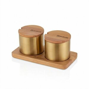 TEZEL 2'Lİ AHŞAP KPK.LI STANTLI BAHARATLIK SETİ (PVD GOLD)(Ø:7/H:6 CM)