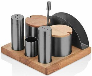 TEZEL 3'LÜ BORU TUZLUK TK-2*BAHARATLIK-PEÇETELİK AHŞAP STANDLI (PVD ANTRASİT)